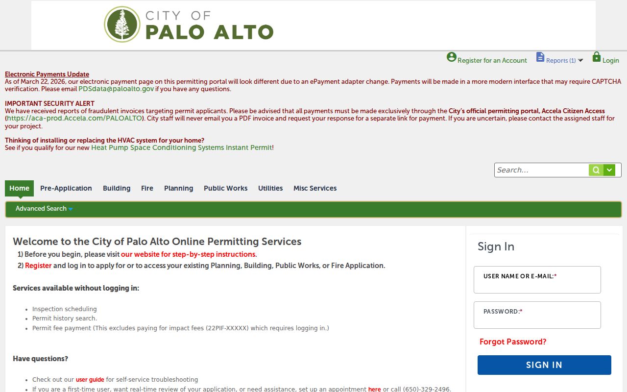 Palo Alto public records permit portal service menu